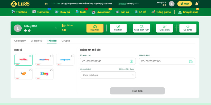 Hướng dẫn nạp tiền Lu88 từng bước
